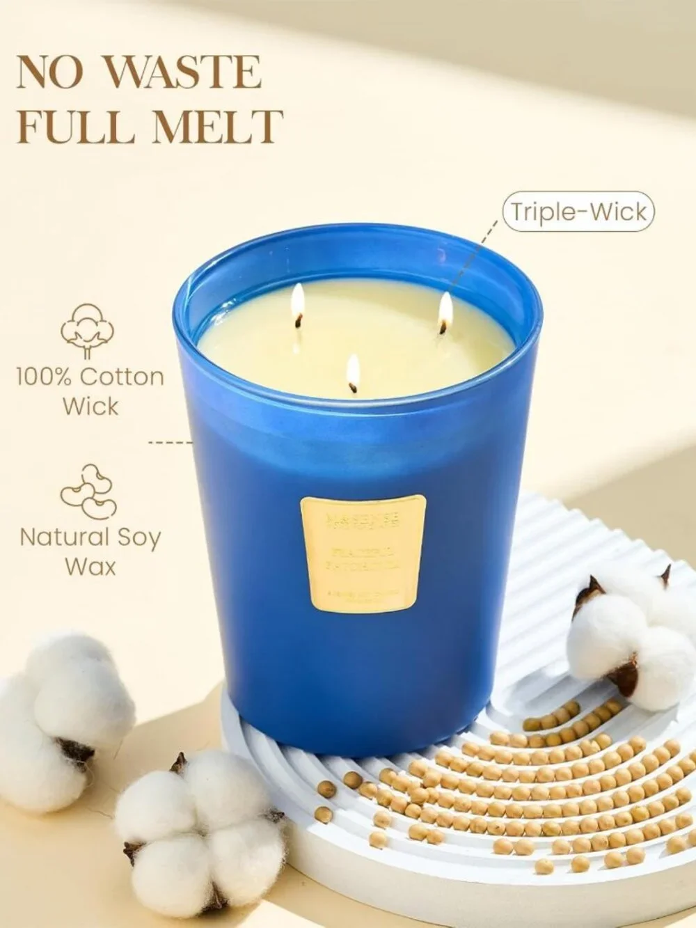 Large Peaceful Patchouli Soy Candle | 3-Wick, 150H Burn, Non-Toxic, Relaxing